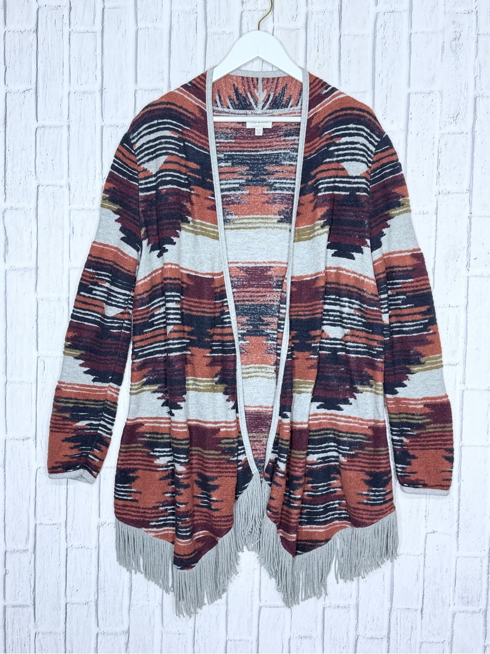 🌵 Lucky Brand Fringed Brushed Knit Southwestern Cardigan XL Boho Western